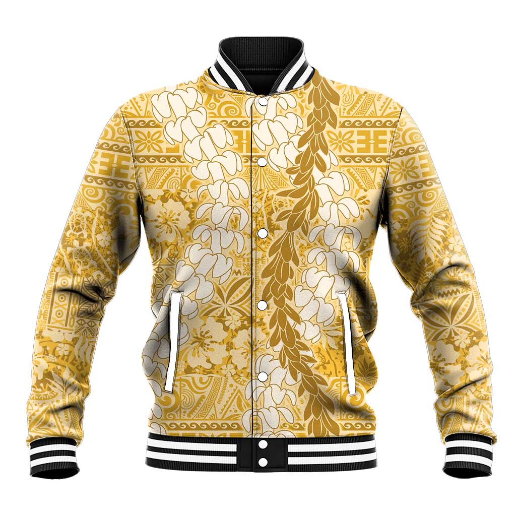 Gold Puakenikeni and Maile Lei Baseball Jacket Hawaiian Style Tribal Tapa Double Strand Lei