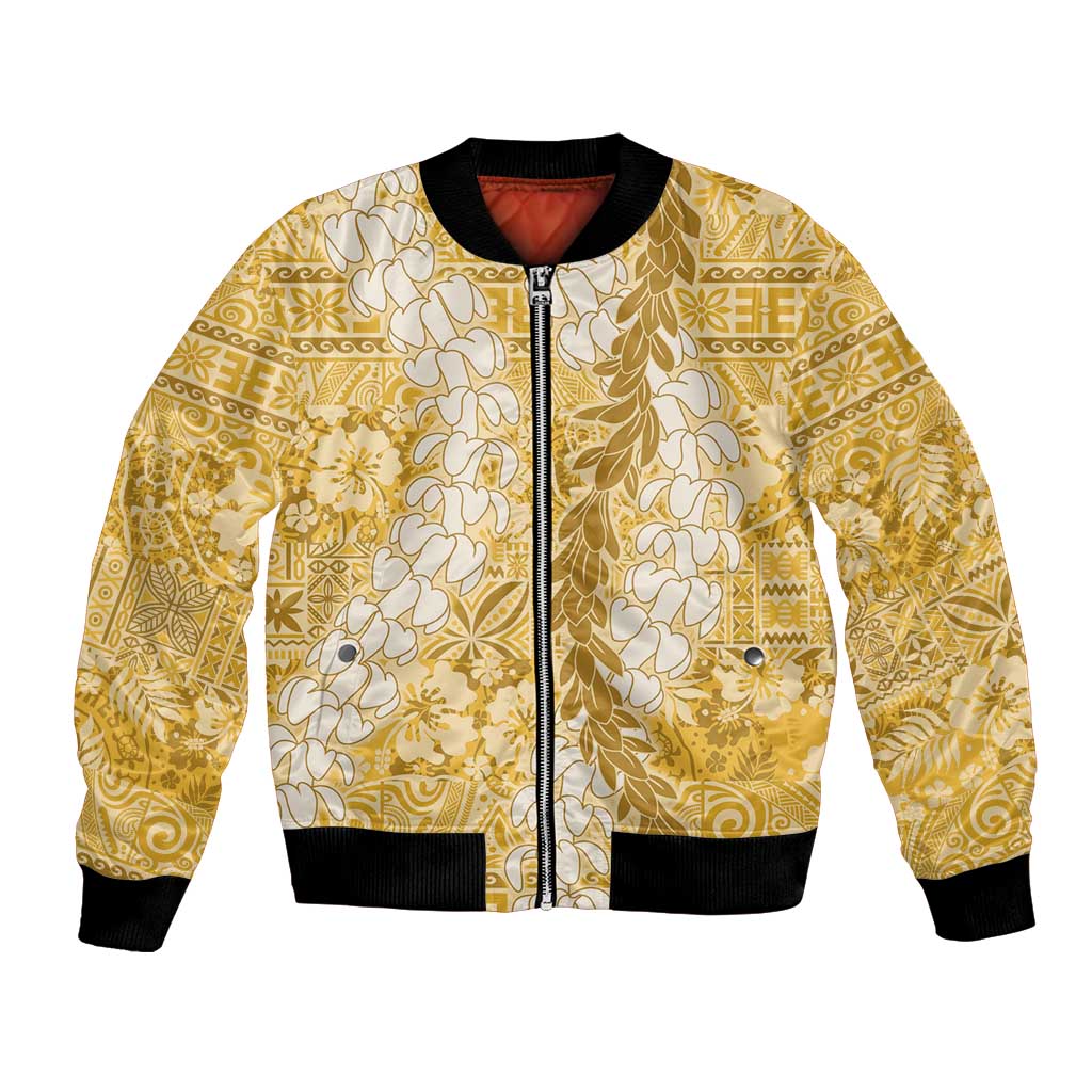 Gold Puakenikeni and Maile Lei Bomber Jacket Hawaiian Style Tribal Tapa Double Strand Lei LT9 Unisex Gold - Polynesian Pride