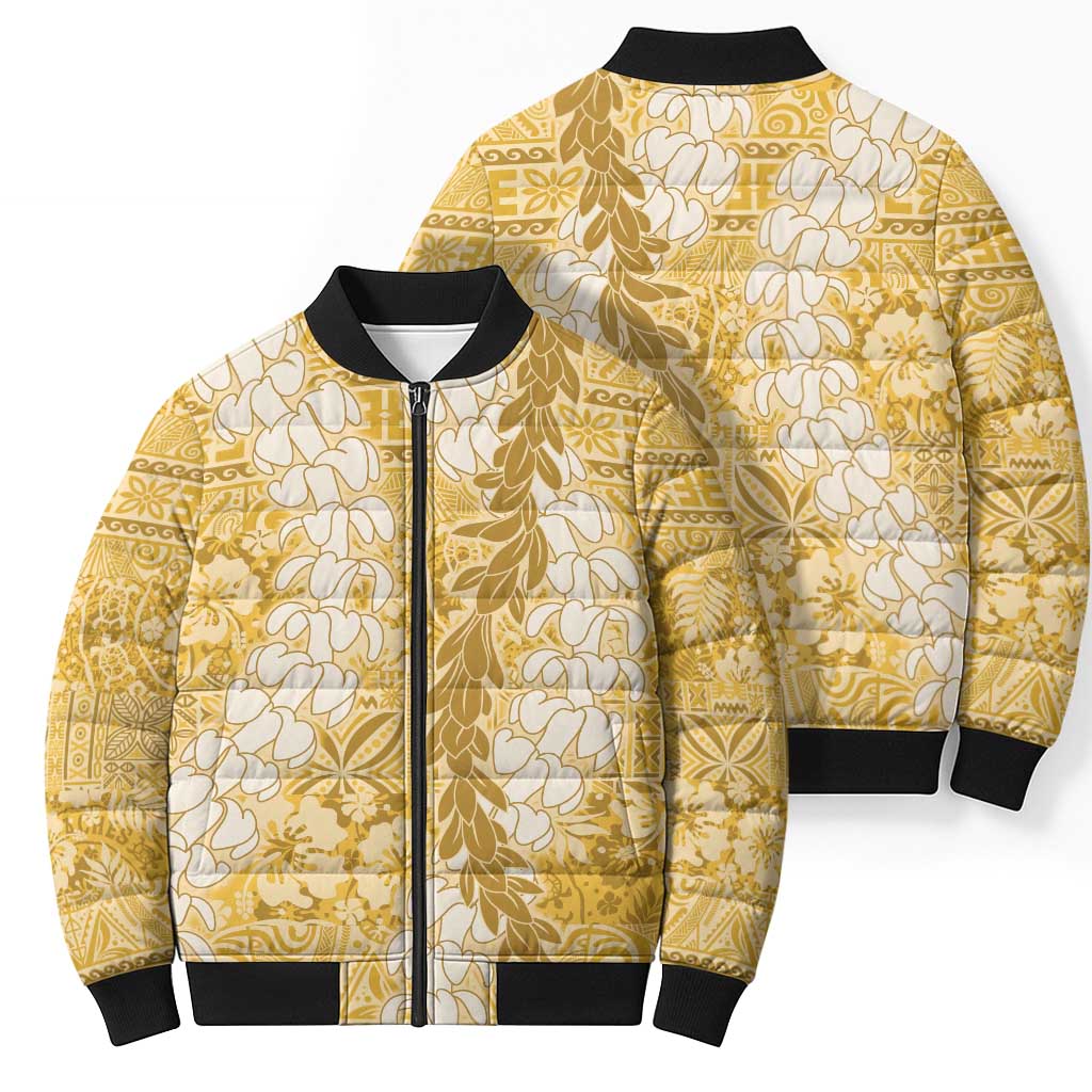 Gold Puakenikeni and Maile Lei Bomber Puffer Jacket Hawaiian Style Tribal Tapa Double Strand Lei LT9 - Polynesian Pride
