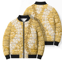 Gold Puakenikeni and Maile Lei Bomber Puffer Jacket Hawaiian Style Tribal Tapa Double Strand Lei LT9 - Polynesian Pride