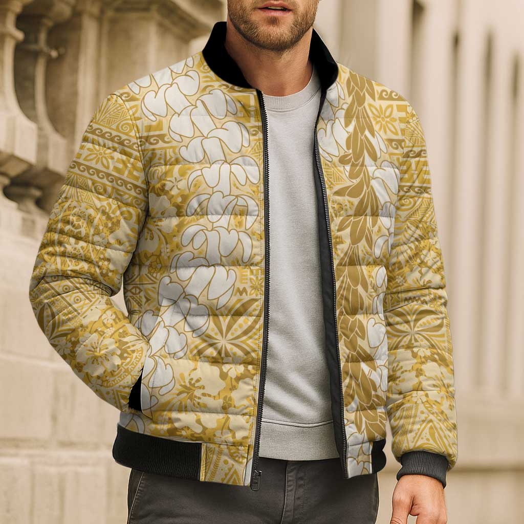 Gold Puakenikeni and Maile Lei Bomber Puffer Jacket Hawaiian Style Tribal Tapa Double Strand Lei LT9 - Polynesian Pride