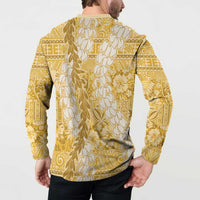 Gold Puakenikeni and Maile Lei Button Sweatshirt Hawaiian Style Tribal Tapa Double Strand Lei LT9 - Polynesian Pride