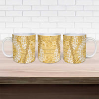 Gold Puakenikeni and Maile Lei Ceramic Mug Hawaiian Style Tribal Tapa Double Strand Lei - Polynesian Pride