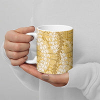 Gold Puakenikeni and Maile Lei Ceramic Mug Hawaiian Style Tribal Tapa Double Strand Lei - Polynesian Pride