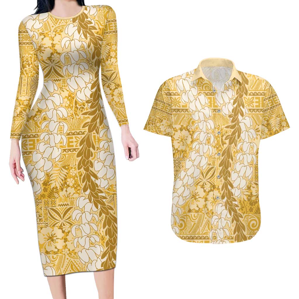 Gold Puakenikeni and Maile Lei Couples Matching Long Sleeve Bodycon Dress and Hawaiian Shirt Hawaiian Style Tribal Tapa Double Strand Lei