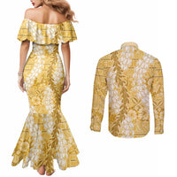 Gold Puakenikeni and Maile Lei Couples Matching Mermaid Dress and Long Sleeve Button Shirt Hawaiian Style Tribal Tapa Double Strand Lei LT9 - Polynesian Pride