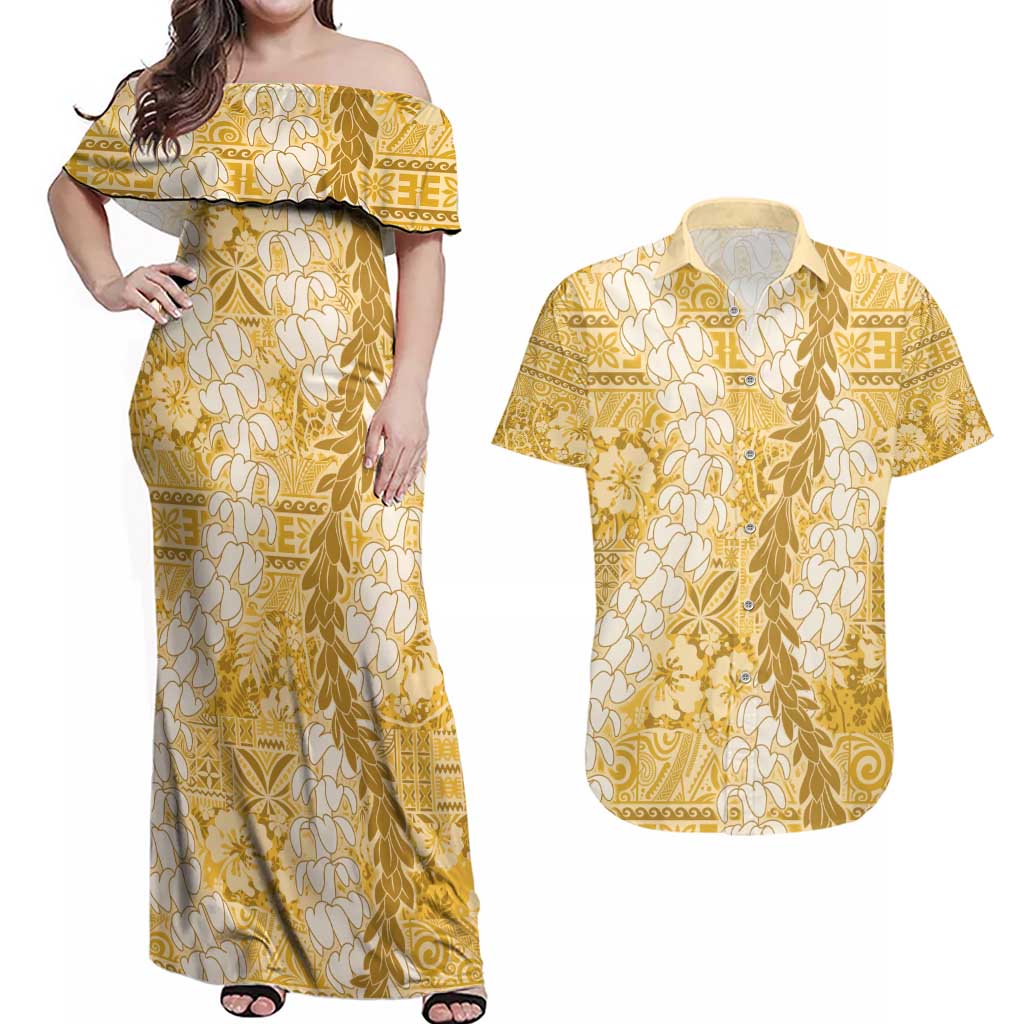 Gold Puakenikeni and Maile Lei Couples Matching Off Shoulder Maxi Dress and Hawaiian Shirt Hawaiian Style Tribal Tapa Double Strand Lei