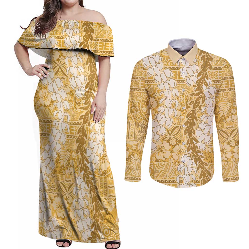 Gold Puakenikeni and Maile Lei Couples Matching Off Shoulder Maxi Dress and Long Sleeve Button Shirt Hawaiian Style Tribal Tapa Double Strand Lei