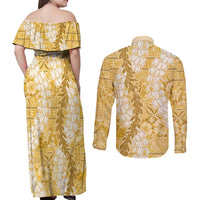 Gold Puakenikeni and Maile Lei Couples Matching Off Shoulder Maxi Dress and Long Sleeve Button Shirt Hawaiian Style Tribal Tapa Double Strand Lei LT9 - Polynesian Pride