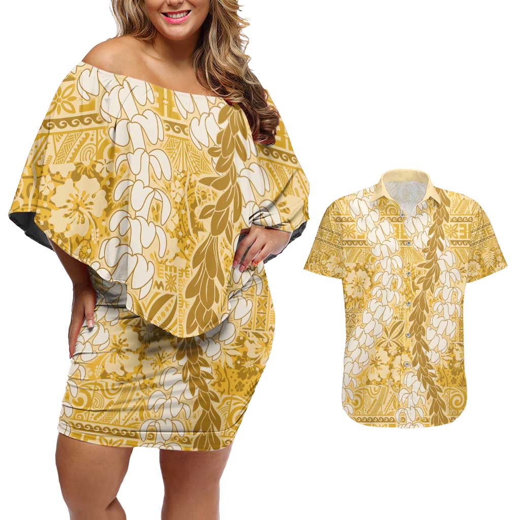 Gold Puakenikeni and Maile Lei Couples Matching Off Shoulder Short Dress and Hawaiian Shirt Hawaiian Style Tribal Tapa Double Strand Lei LT9 Gold - Polynesian Pride