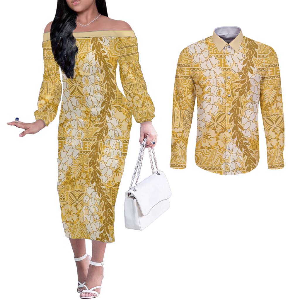 Gold Puakenikeni and Maile Lei Couples Matching Off The Shoulder Long Sleeve Dress and Long Sleeve Button Shirt Hawaiian Style Tribal Tapa Double Strand Lei