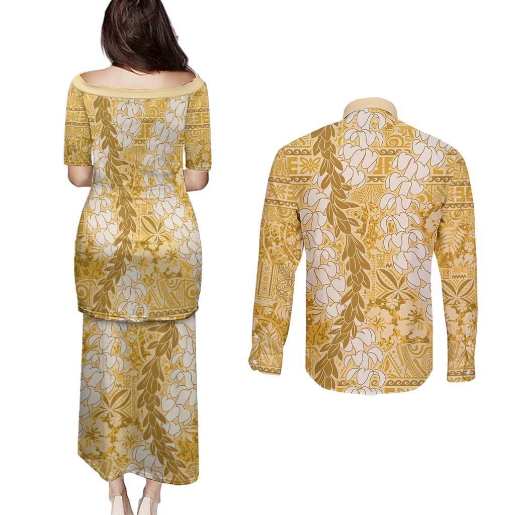 Gold Puakenikeni and Maile Lei Couples Matching Puletasi and Long Sleeve Button Shirt Hawaiian Style Tribal Tapa Double Strand Lei LT9 - Polynesian Pride