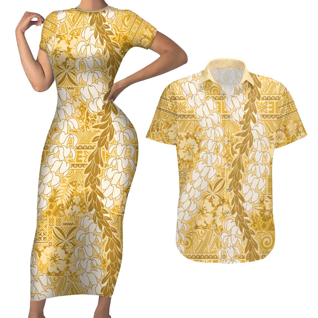 Gold Puakenikeni and Maile Lei Couples Matching Short Sleeve Bodycon Dress and Hawaiian Shirt Hawaiian Style Tribal Tapa Double Strand Lei LT9 Gold - Polynesian Pride