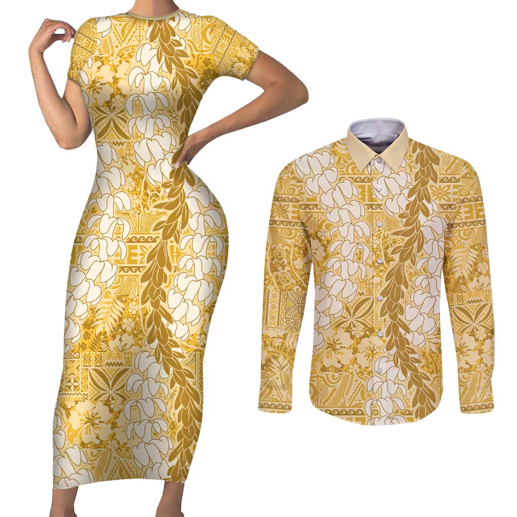 Gold Puakenikeni and Maile Lei Couples Matching Short Sleeve Bodycon Dress and Long Sleeve Button Shirt Hawaiian Style Tribal Tapa Double Strand Lei
