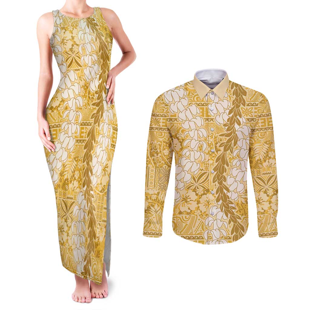 Gold Puakenikeni and Maile Lei Couples Matching Tank Maxi Dress and Long Sleeve Button Shirt Hawaiian Style Tribal Tapa Double Strand Lei