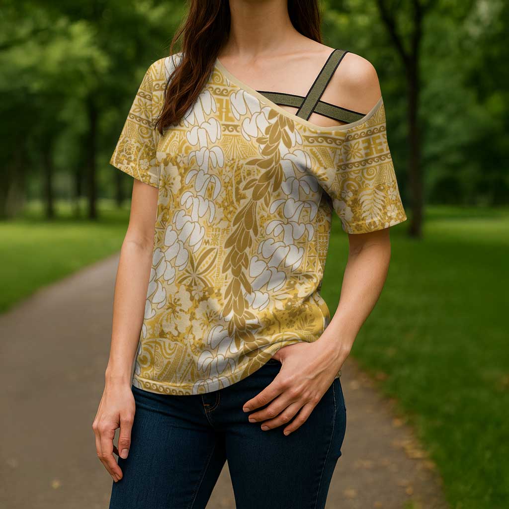 Gold Puakenikeni and Maile Lei Cross Shoulder Shirt Hawaiian Style Tribal Tapa Double Strand Lei - Polynesian Pride