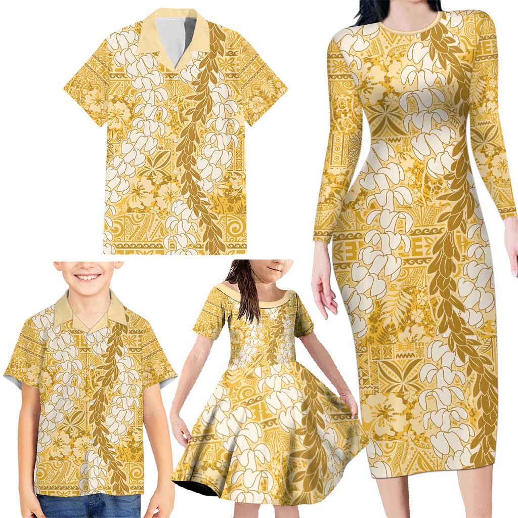 Gold Puakenikeni and Maile Lei Family Matching Long Sleeve Bodycon Dress and Hawaiian Shirt Hawaiian Style Tribal Tapa Double Strand Lei