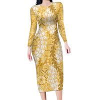 Gold Puakenikeni and Maile Lei Family Matching Long Sleeve Bodycon Dress and Hawaiian Shirt Hawaiian Style Tribal Tapa Double Strand Lei LT9 Mom's Dress Gold - Polynesian Pride