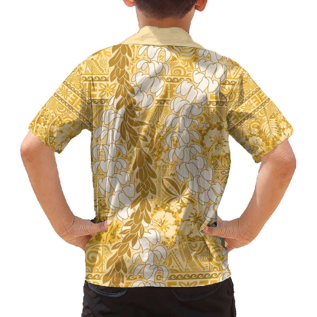 Gold Puakenikeni and Maile Lei Family Matching Off The Shoulder Long Sleeve Dress and Hawaiian Shirt Hawaiian Style Tribal Tapa Double Strand Lei