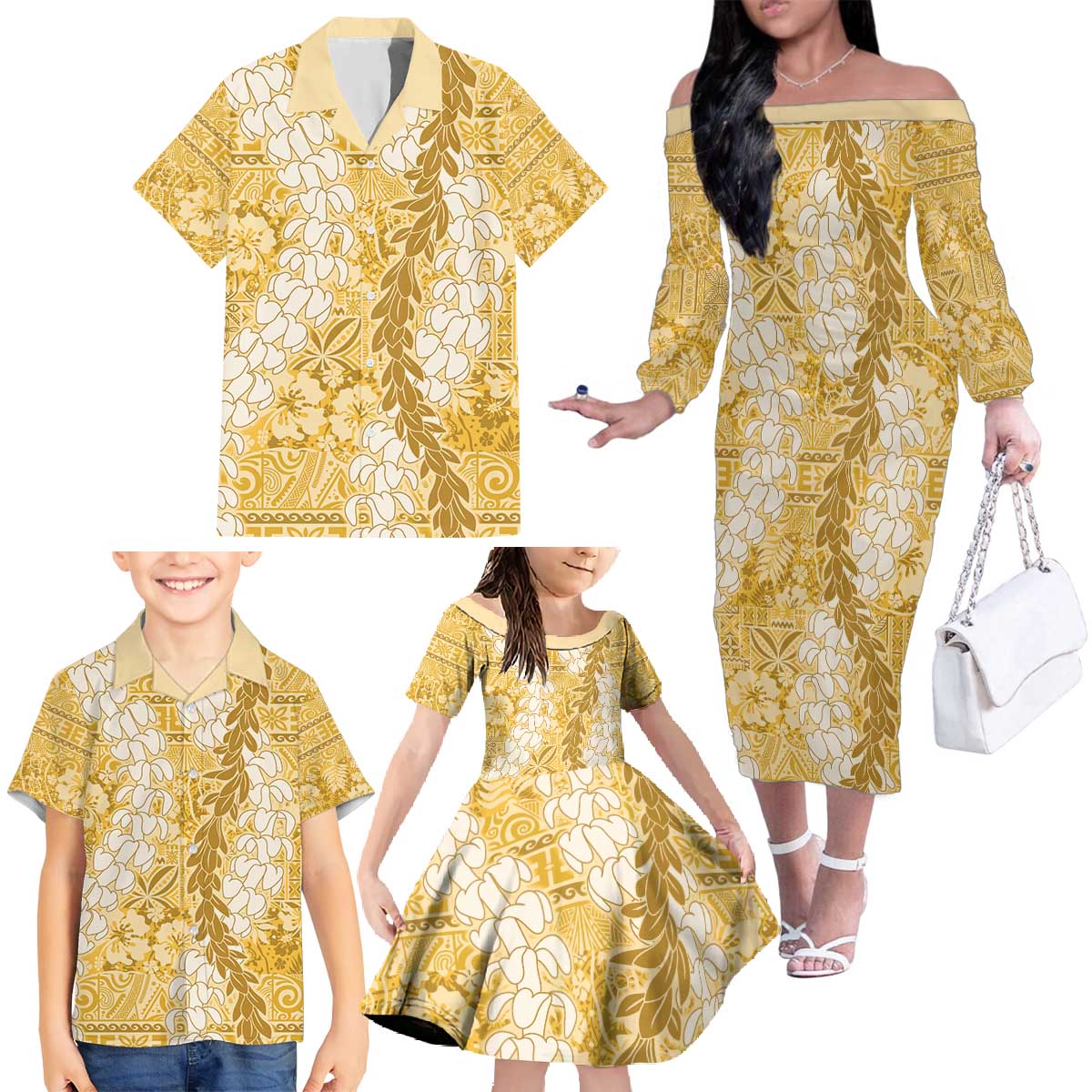 Gold Puakenikeni and Maile Lei Family Matching Off The Shoulder Long Sleeve Dress and Hawaiian Shirt Hawaiian Style Tribal Tapa Double Strand Lei