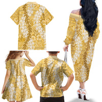 Gold Puakenikeni and Maile Lei Family Matching Off The Shoulder Long Sleeve Dress and Hawaiian Shirt Hawaiian Style Tribal Tapa Double Strand Lei