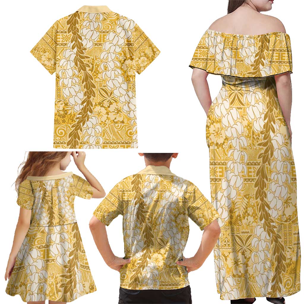 Gold Puakenikeni and Maile Lei Family Matching Off Shoulder Maxi Dress and Hawaiian Shirt Hawaiian Style Tribal Tapa Double Strand Lei LT9 - Polynesian Pride
