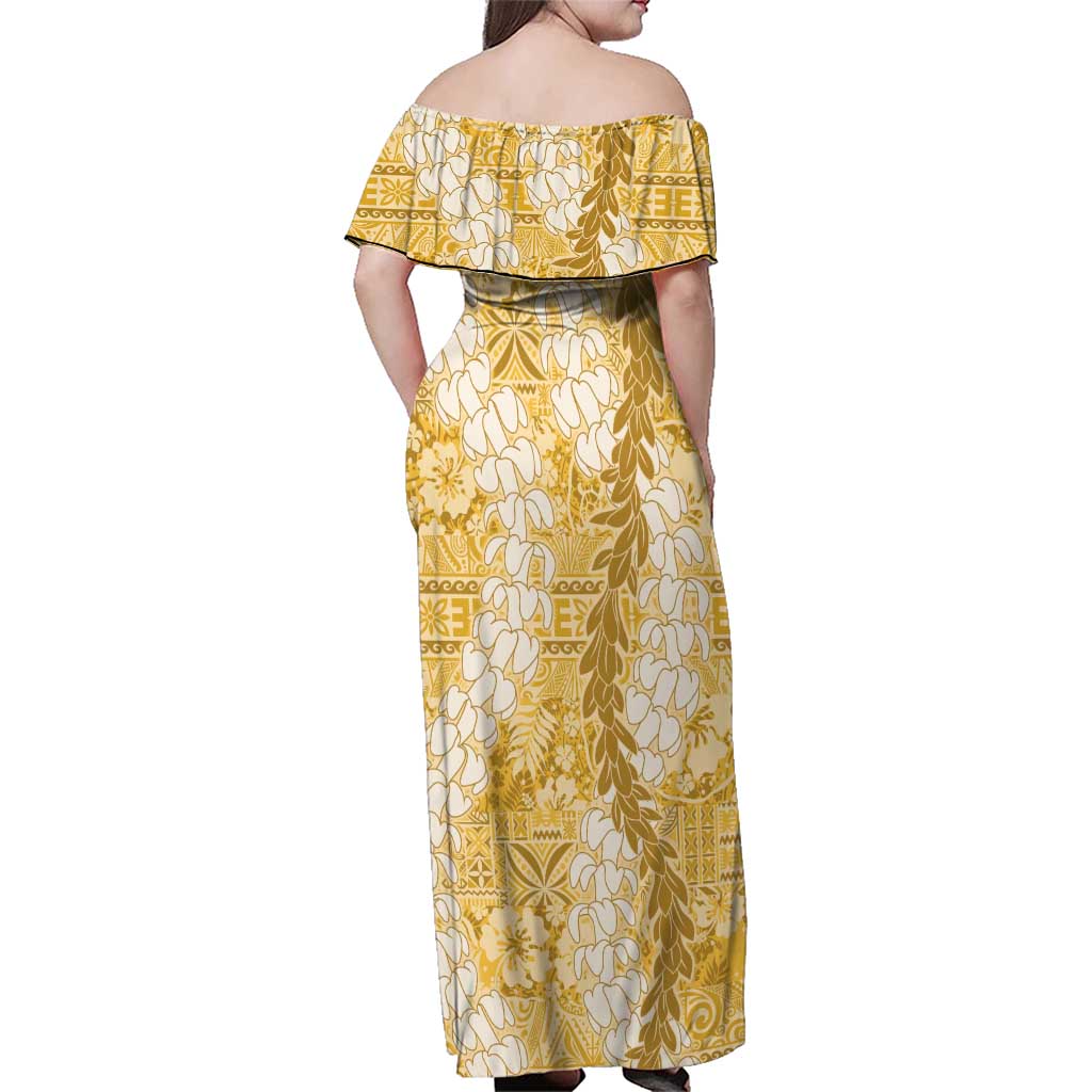 Gold Puakenikeni and Maile Lei Family Matching Off Shoulder Maxi Dress and Hawaiian Shirt Hawaiian Style Tribal Tapa Double Strand Lei LT9 - Polynesian Pride