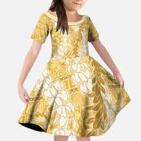 Gold Puakenikeni and Maile Lei Family Matching Puletasi and Hawaiian Shirt Hawaiian Style Tribal Tapa Double Strand Lei LT9 Daughter's Dress Gold - Polynesian Pride