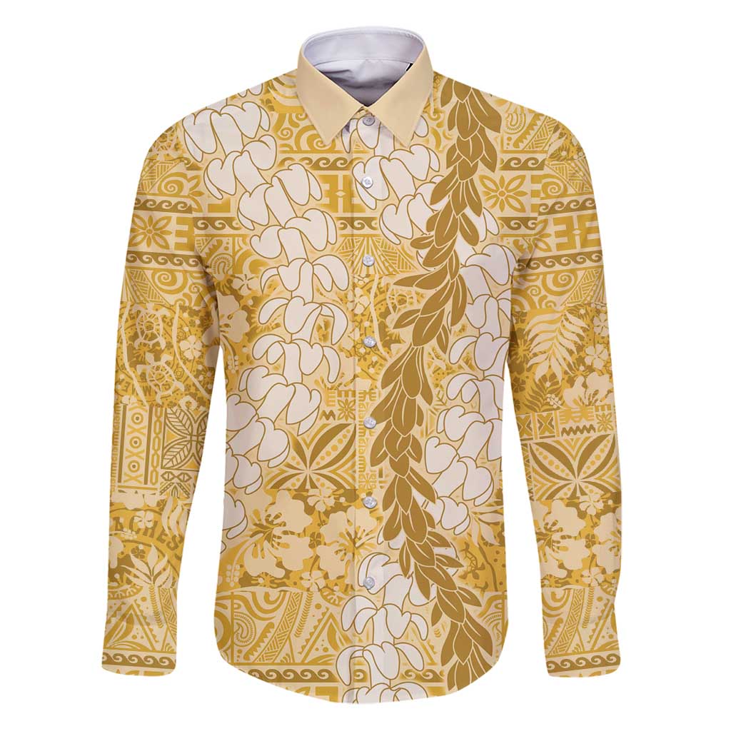 Gold Puakenikeni and Maile Lei Family Matching Puletasi and Hawaiian Shirt Hawaiian Style Tribal Tapa Double Strand Lei LT9 Dad's Shirt - Long Sleeve Gold - Polynesian Pride