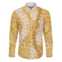 Gold Puakenikeni and Maile Lei Family Matching Puletasi and Hawaiian Shirt Hawaiian Style Tribal Tapa Double Strand Lei LT9 Dad's Shirt - Long Sleeve Gold - Polynesian Pride