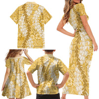 Gold Puakenikeni and Maile Lei Family Matching Short Sleeve Bodycon Dress and Hawaiian Shirt Hawaiian Style Tribal Tapa Double Strand Lei LT9 - Polynesian Pride
