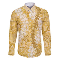 Gold Puakenikeni and Maile Lei Family Matching Summer Maxi Dress and Hawaiian Shirt Hawaiian Style Tribal Tapa Double Strand Lei LT9 Dad's Shirt - Long Sleeve Gold - Polynesian Pride