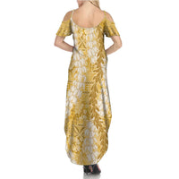 Gold Puakenikeni and Maile Lei Family Matching Summer Maxi Dress and Hawaiian Shirt Hawaiian Style Tribal Tapa Double Strand Lei LT9 - Polynesian Pride