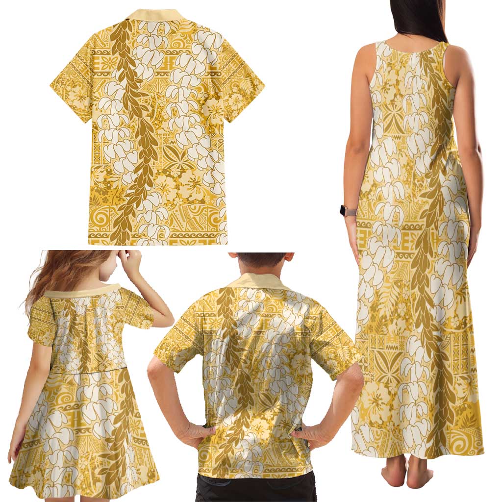 Gold Puakenikeni and Maile Lei Family Matching Tank Maxi Dress and Hawaiian Shirt Hawaiian Style Tribal Tapa Double Strand Lei LT9 - Polynesian Pride