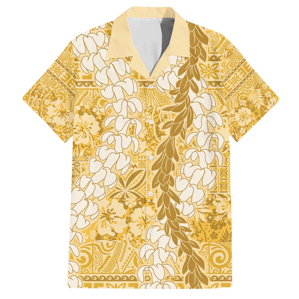 Gold Puakenikeni and Maile Lei Family Matching Tank Maxi Dress and Hawaiian Shirt Hawaiian Style Tribal Tapa Double Strand Lei LT9 Dad's Shirt - Short Sleeve Gold - Polynesian Pride