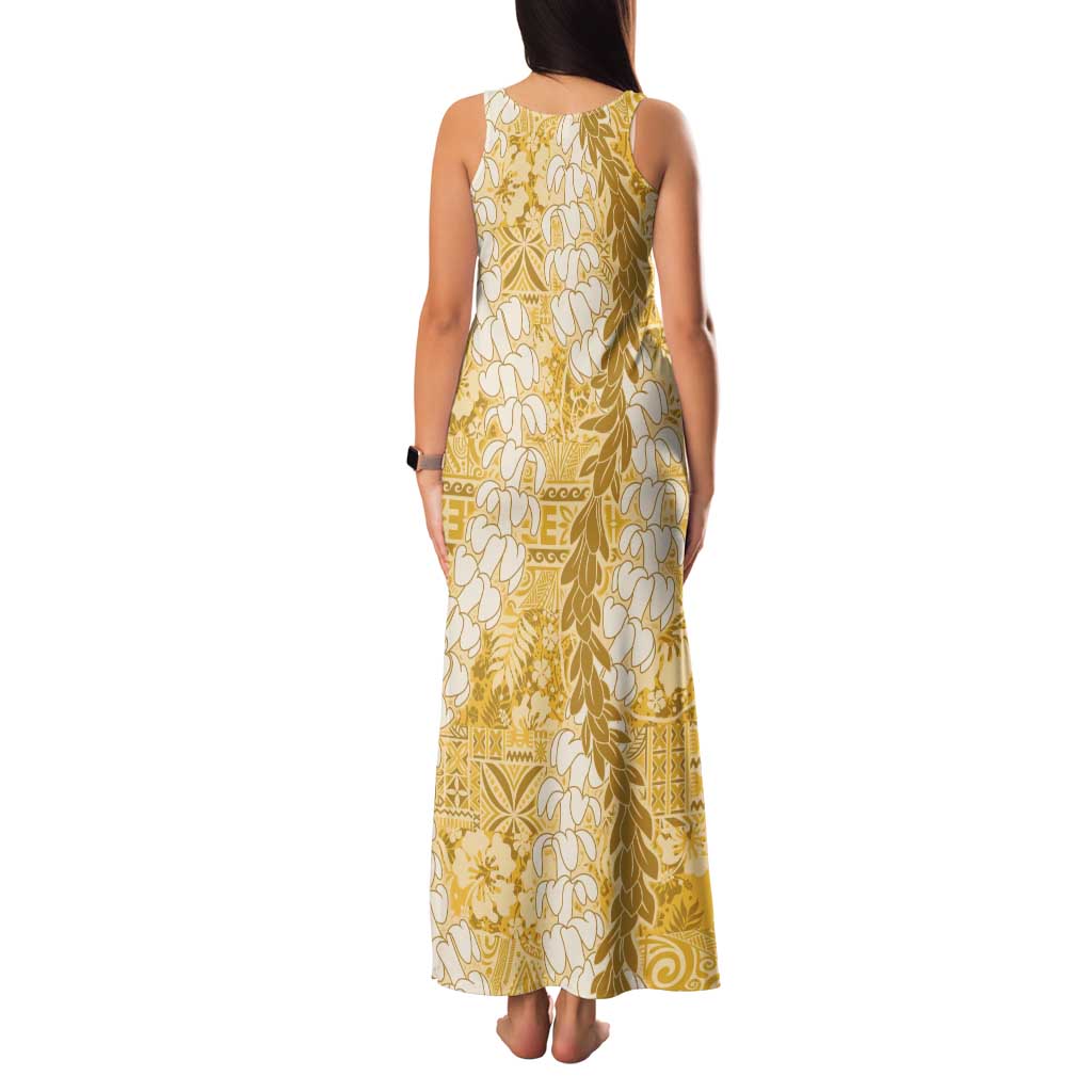 Gold Puakenikeni and Maile Lei Family Matching Tank Maxi Dress and Hawaiian Shirt Hawaiian Style Tribal Tapa Double Strand Lei LT9 - Polynesian Pride