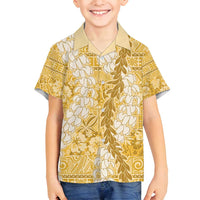 Gold Puakenikeni and Maile Lei Family Matching Tank Maxi Dress and Hawaiian Shirt Hawaiian Style Tribal Tapa Double Strand Lei LT9 Son's Shirt Gold - Polynesian Pride