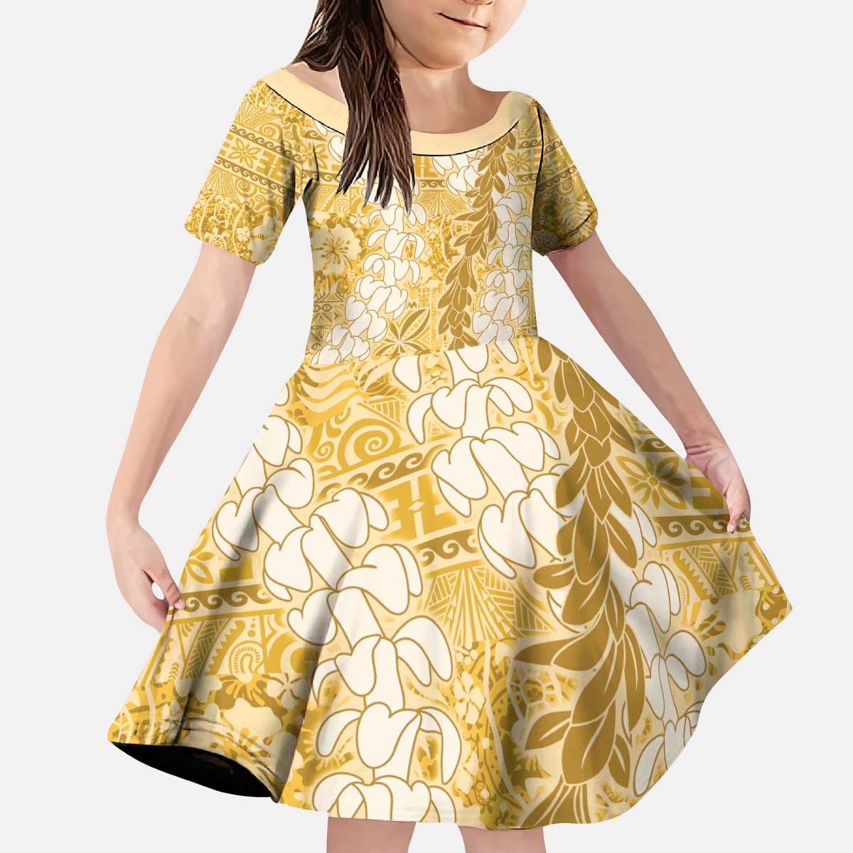 Gold Puakenikeni and Maile Lei Kid Short Sleeve Dress Hawaiian Style Tribal Tapa Double Strand Lei