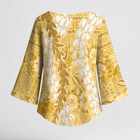 Gold Puakenikeni and Maile Lei Kimono Sleeve Blouse Hawaiian Style Tribal Tapa Double Strand Lei - Polynesian Pride