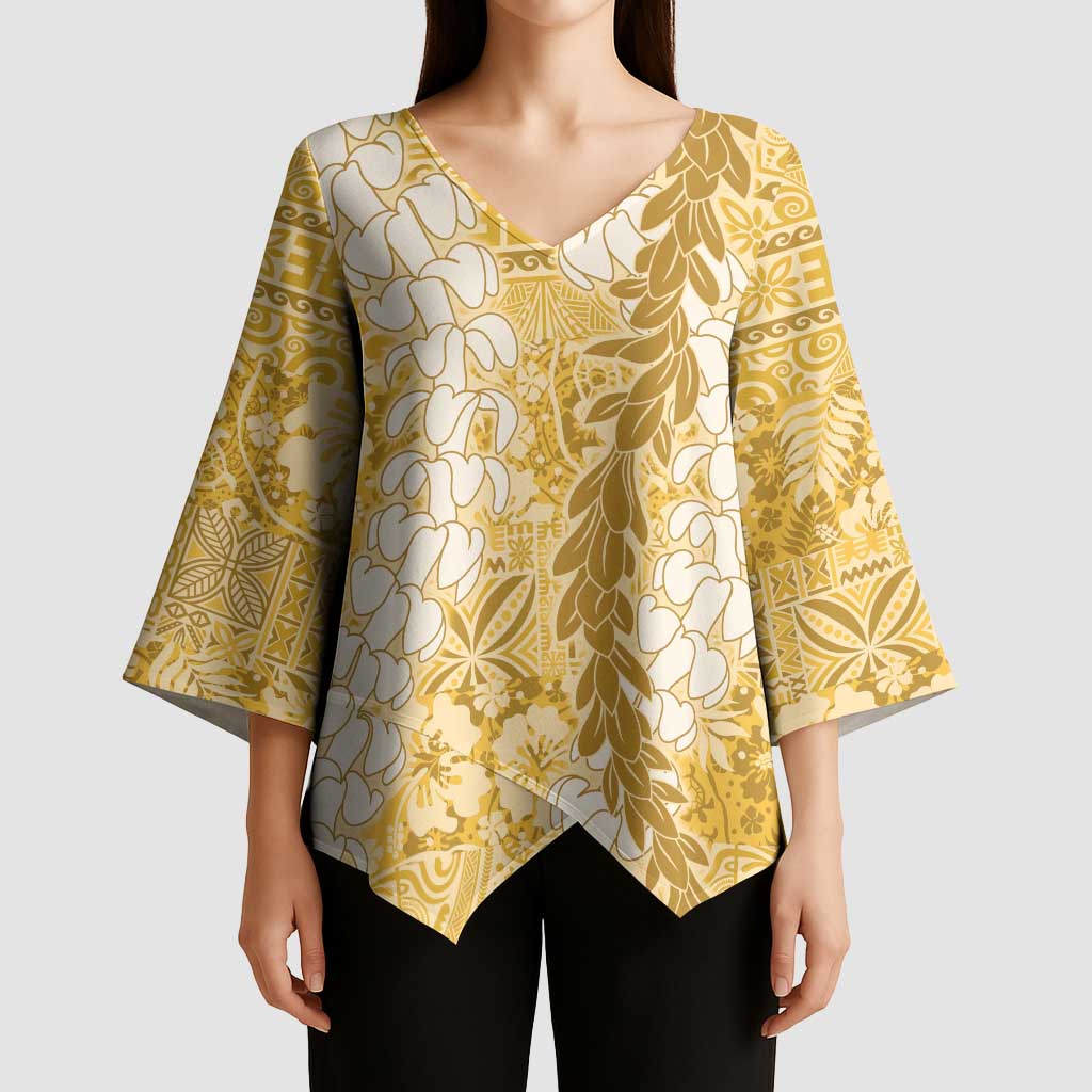 Gold Puakenikeni and Maile Lei Kimono Sleeve Blouse Hawaiian Style Tribal Tapa Double Strand Lei - Polynesian Pride