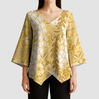 Gold Puakenikeni and Maile Lei Kimono Sleeve Blouse Hawaiian Style Tribal Tapa Double Strand Lei - Polynesian Pride