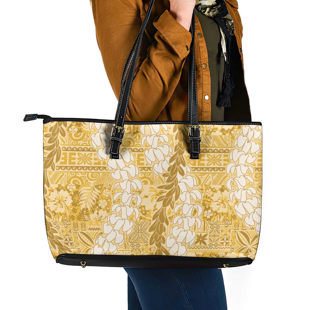 Gold Puakenikeni and Maile Lei Leather Tote Bag Hawaiian Style Tribal Tapa Double Strand Lei