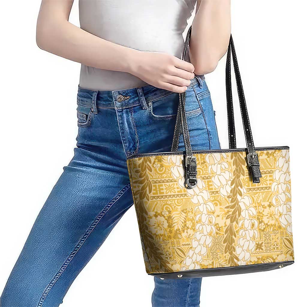 Gold Puakenikeni and Maile Lei Leather Tote Bag Hawaiian Style Tribal Tapa Double Strand Lei