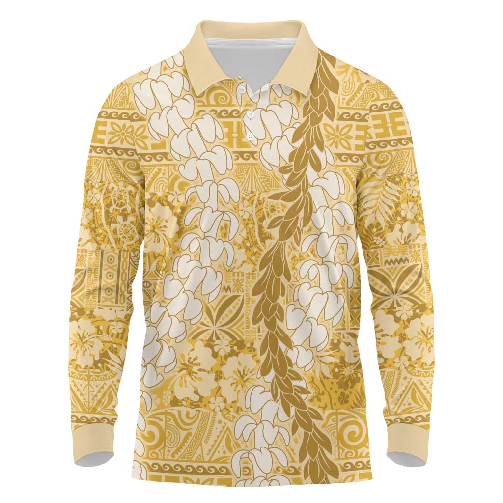 Gold Puakenikeni and Maile Lei Long Sleeve Polo Shirt Hawaiian Style Tribal Tapa Double Strand Lei