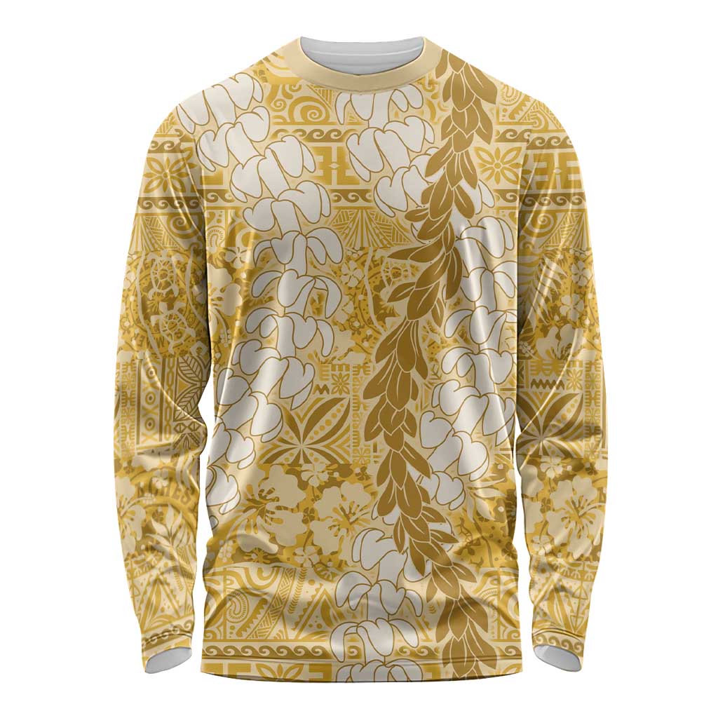 Gold Puakenikeni and Maile Lei Long Sleeve Shirt Hawaiian Style Tribal Tapa Double Strand Lei