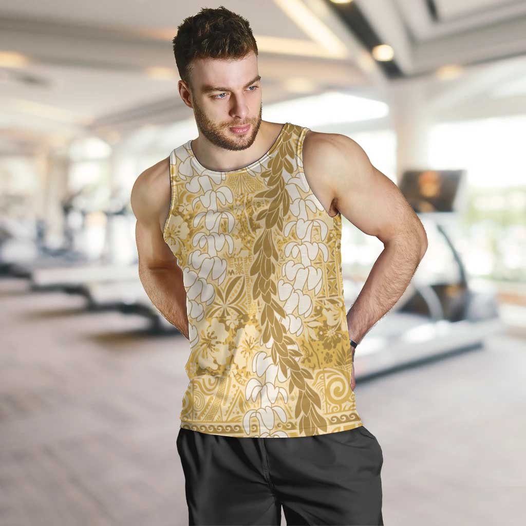 Gold Puakenikeni and Maile Lei Men Tank Top Hawaiian Style Tribal Tapa Double Strand Lei