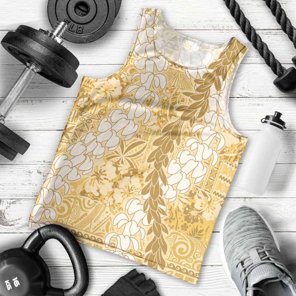 Gold Puakenikeni and Maile Lei Men Tank Top Hawaiian Style Tribal Tapa Double Strand Lei