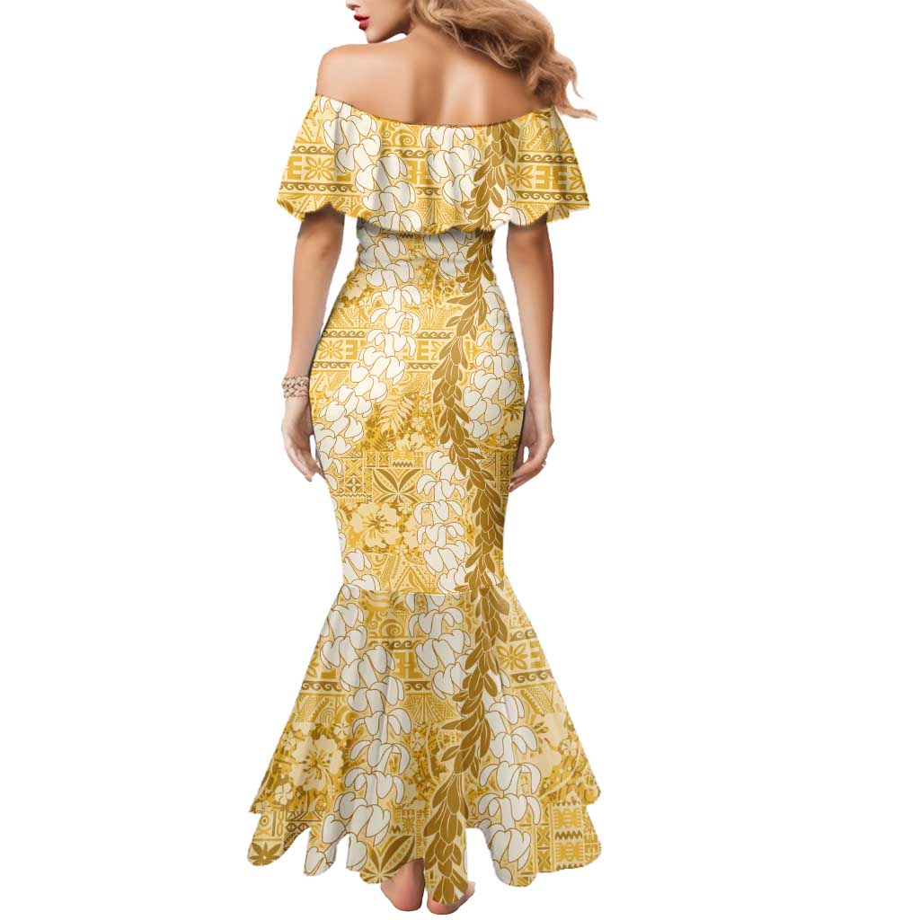 Gold Puakenikeni and Maile Lei Mermaid Dress Hawaiian Style Tribal Tapa Double Strand Lei LT9 - Polynesian Pride