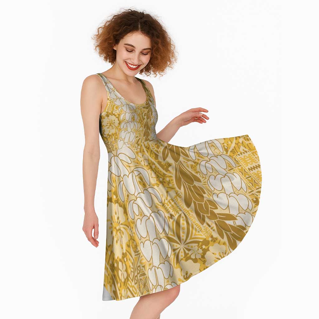 Gold Puakenikeni and Maile Lei Midi Dress Hawaiian Style Tribal Tapa Double Strand Lei - Polynesian Pride