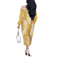 Gold Puakenikeni and Maile Lei Off The Shoulder Long Sleeve Dress Hawaiian Style Tribal Tapa Double Strand Lei LT9 - Polynesian Pride
